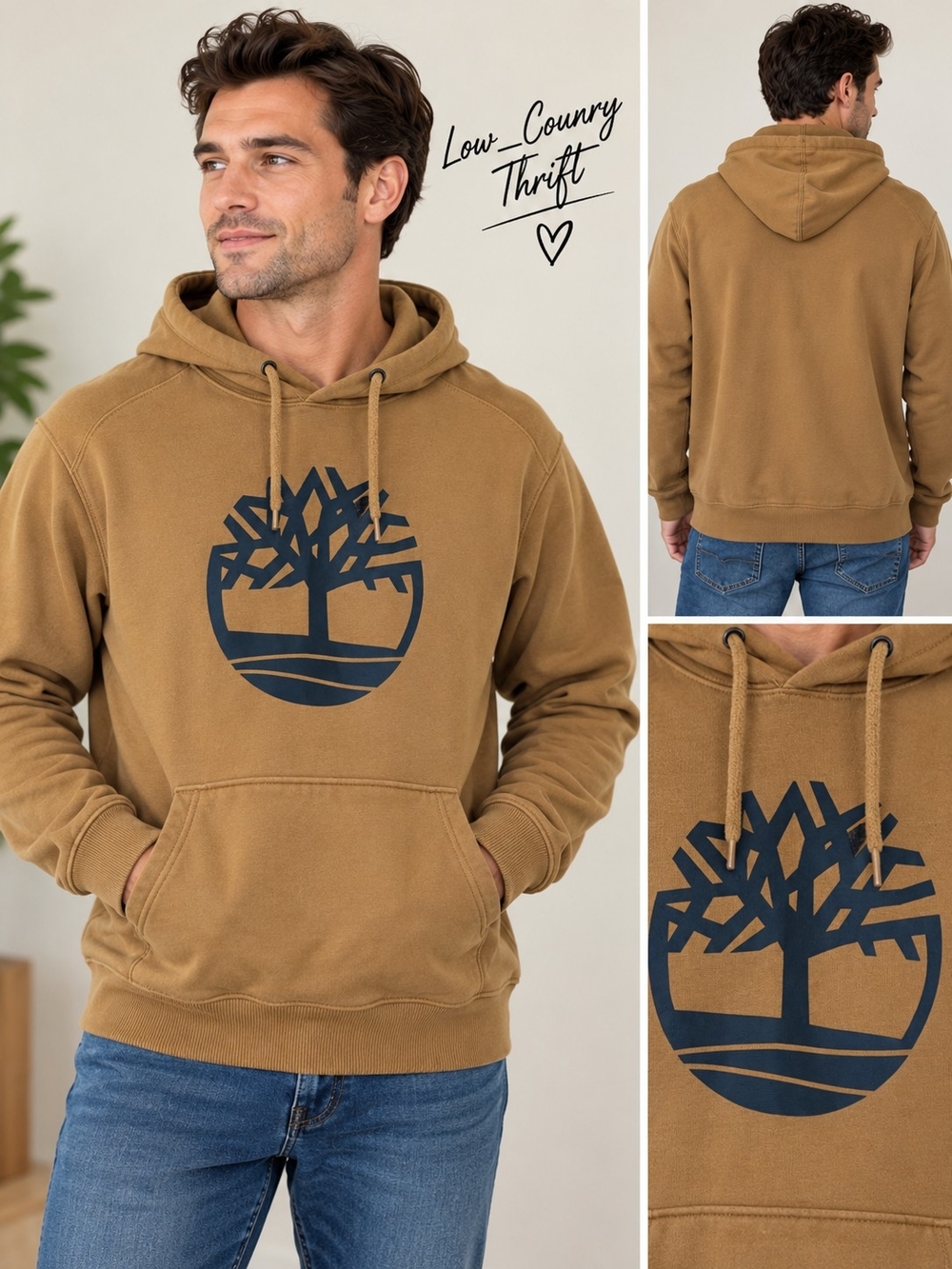 Timberland Men's L Hoodie Brown Tree Logo Regular Fit Pullover Kangaroo Pocket